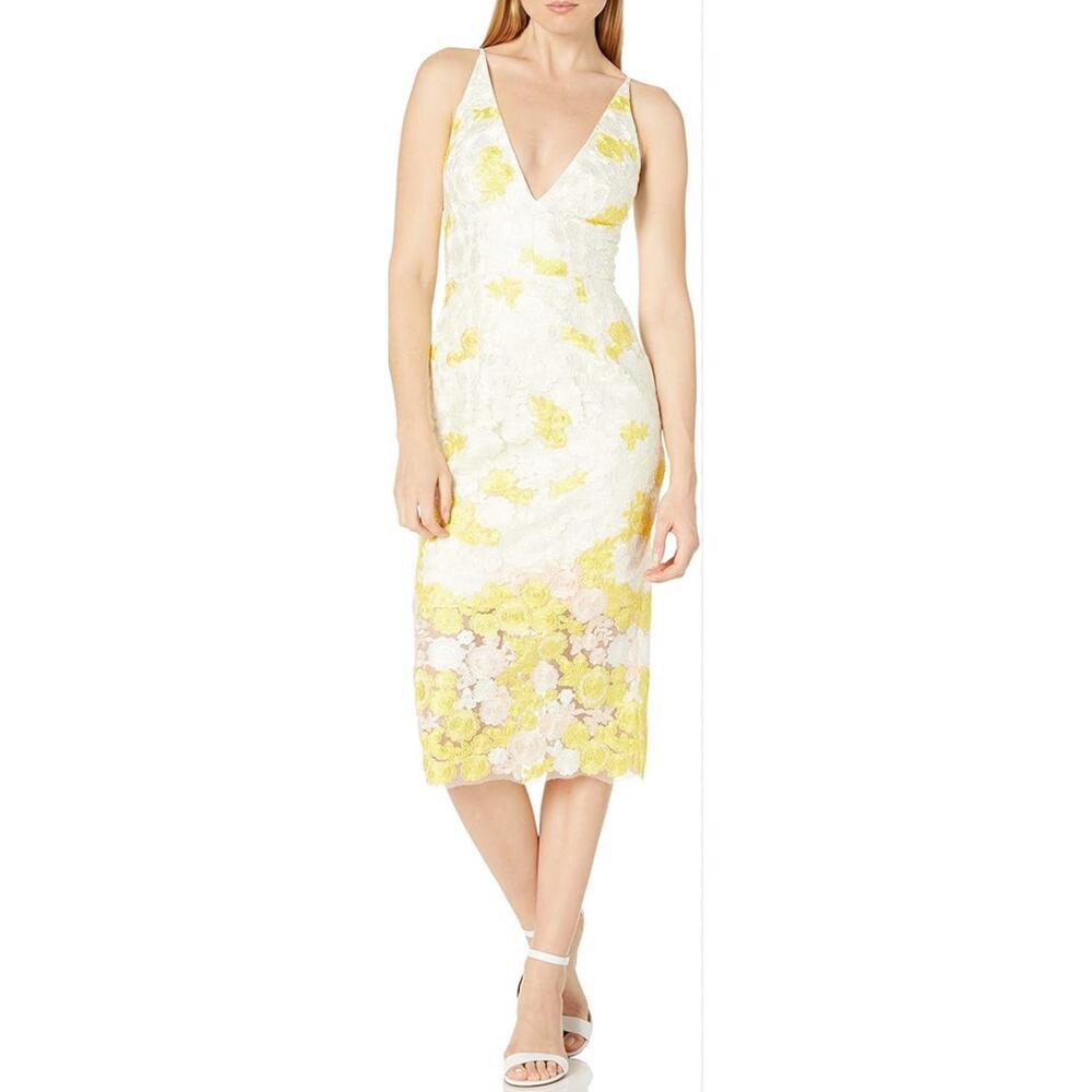 Dress‎ the Population Jane Lace Dress Summer Cocktail Yellow Ivory Blush Medium